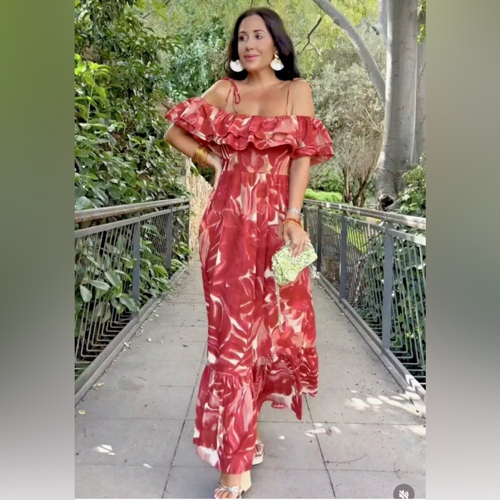 NWT Zara Printed Floral Red Cream Maxi Dress Bloggers Favorite L - Picture 4 of 16